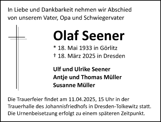 Traueranzeige von Olaf Seener von Sächsische Zeitung
