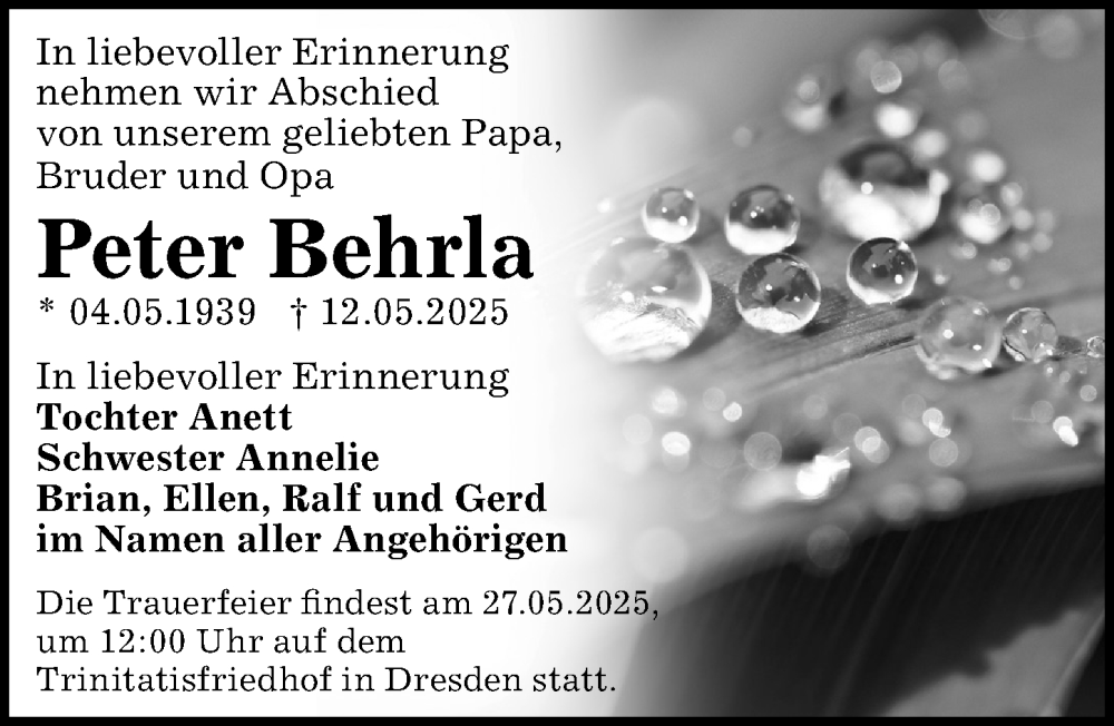  Traueranzeige für Peter Behrla vom 17.05.2025 aus Sächsische Zeitung