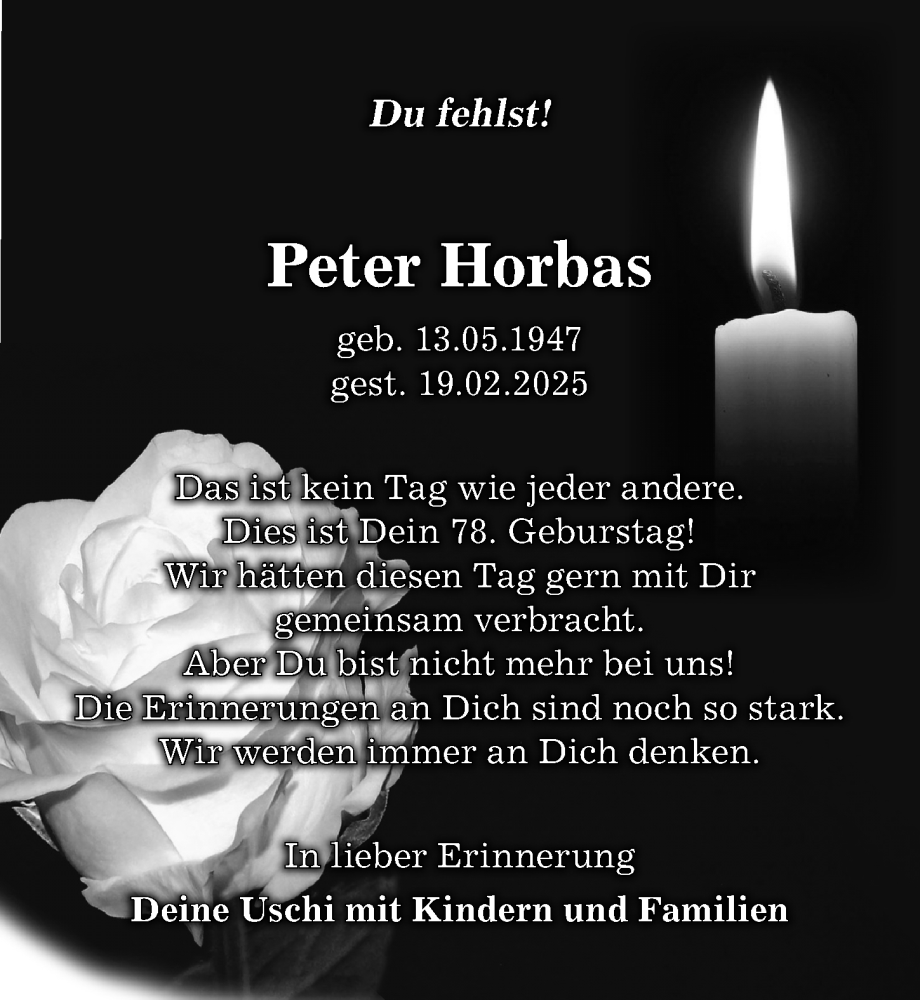  Traueranzeige für Peter Horbas vom 13.05.2025 aus Leipziger Volkszeitung