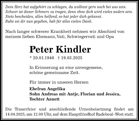 Traueranzeige von Peter Kindler von Sächsische Zeitung