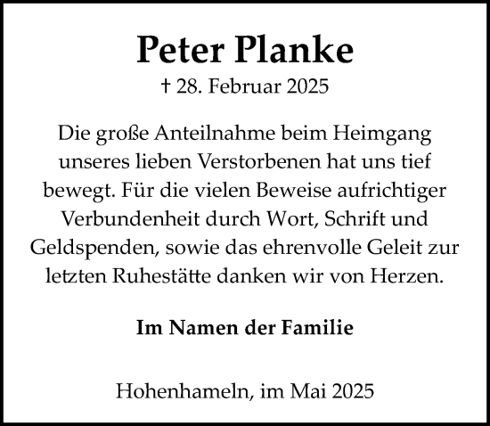Traueranzeige von Peter Planke von Peiner Allgemeine Zeitung