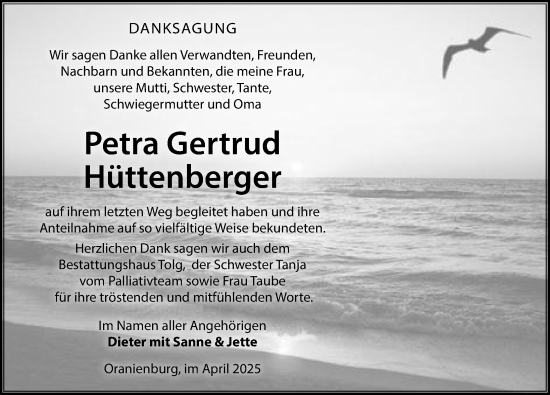 Traueranzeige von Petra Gertrud Hüttenberger von Märkischen Allgemeine Zeitung