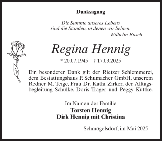 Traueranzeige von Regina Hennig von Märkischen Allgemeine Zeitung