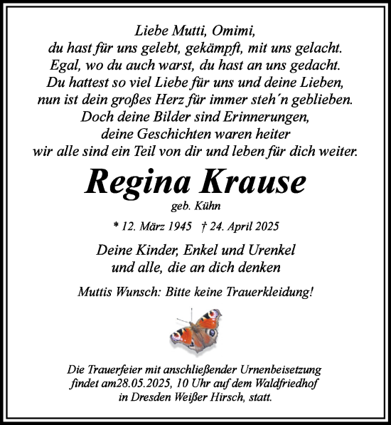 Traueranzeige von Regina Krause von Sächsische Zeitung