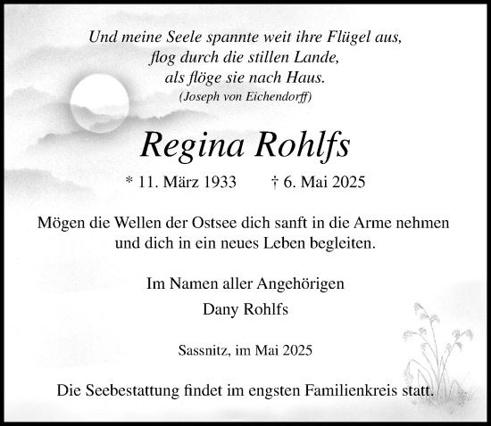 Traueranzeige von Regina Rohlfs von Ostsee-Zeitung GmbH