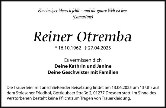 Traueranzeige von Reiner Otremba von Sächsische Zeitung