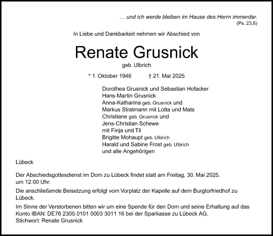Traueranzeige von Renate Grusnick von Lübecker Nachrichten