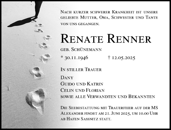 Traueranzeige von Renate Renner von Ostsee-Zeitung GmbH
