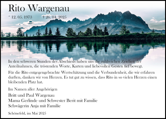 Traueranzeige von Rito Wargenau von Märkischen Allgemeine Zeitung