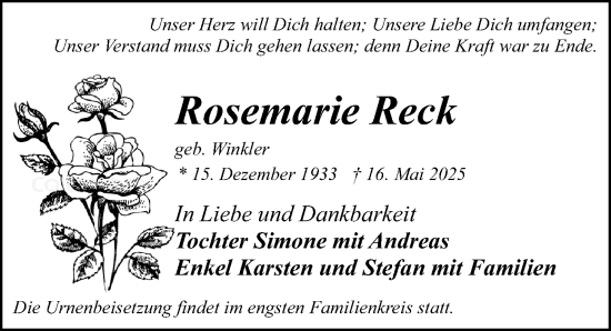 Traueranzeige von Rosemarie Reck von Sächsische Zeitung