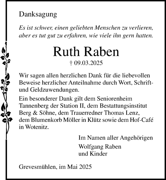 Traueranzeige von Ruth Raben von Ostsee-Zeitung GmbH