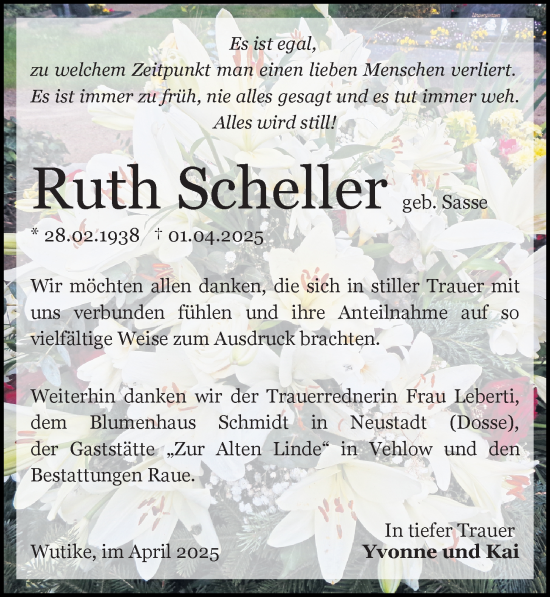 Traueranzeige von Ruth Scheller von Wochenspiegel