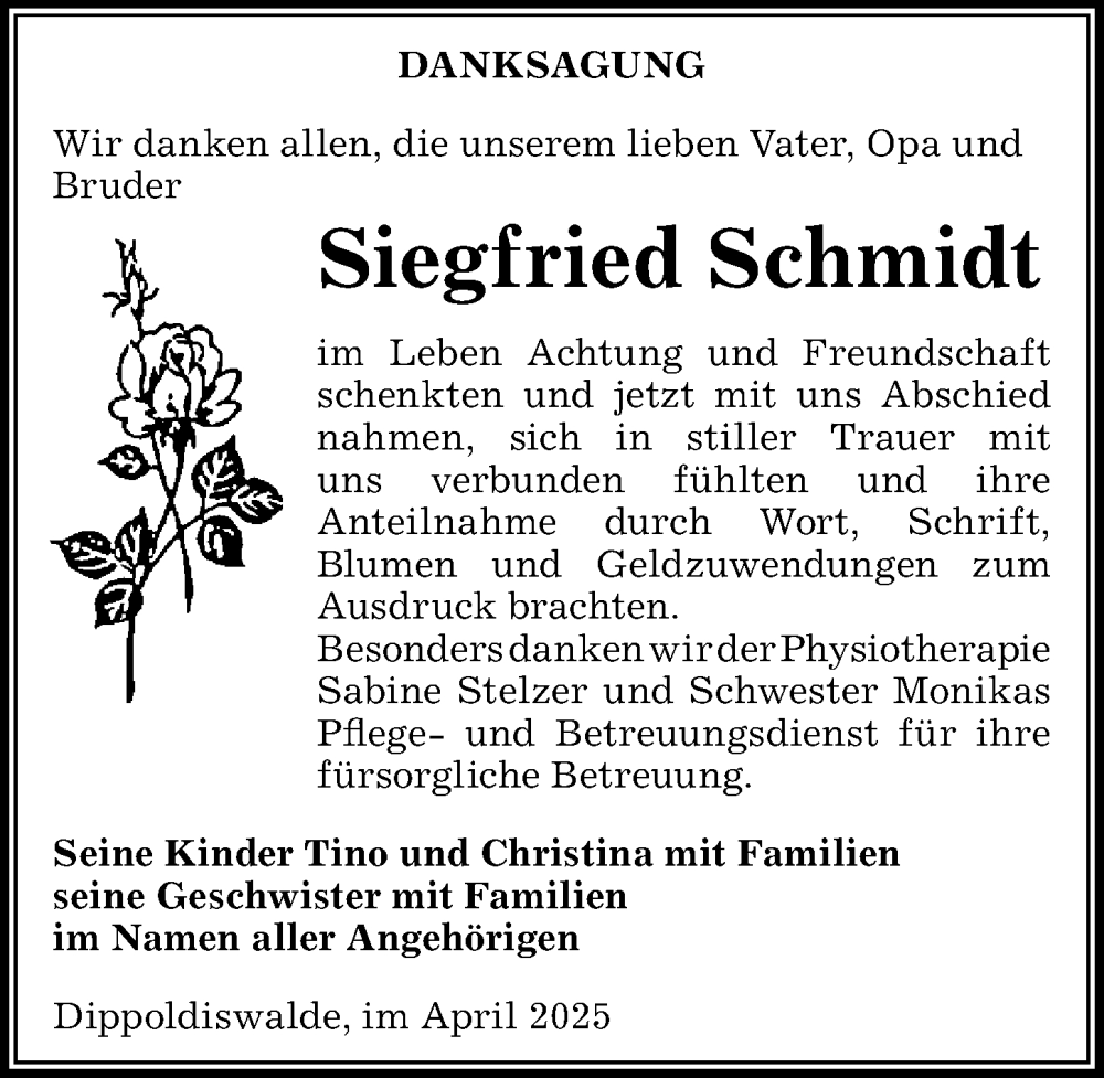  Traueranzeige für Siegfried Schmidt vom 03.05.2025 aus Sächsische Zeitung