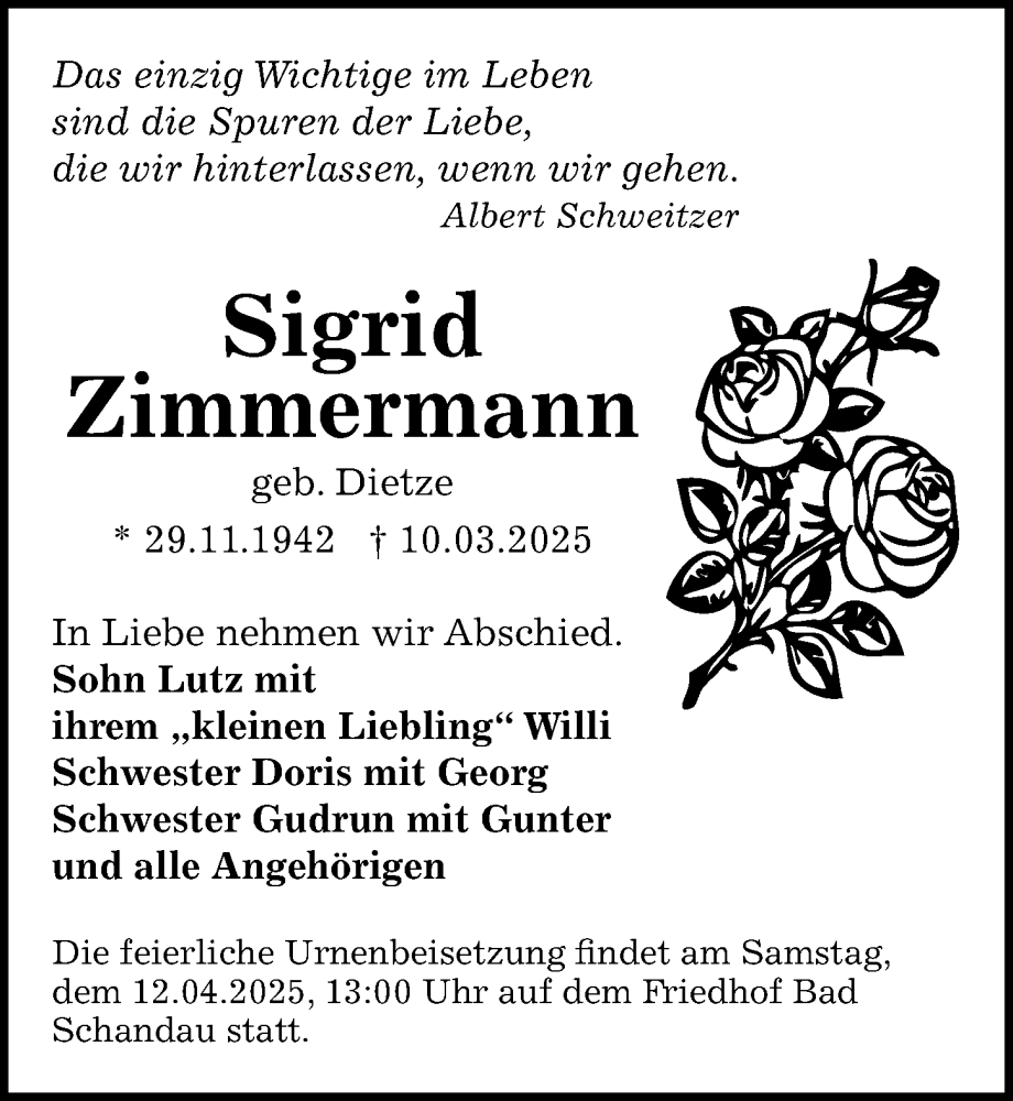  Traueranzeige für Sigrid Zimmermann vom 05.04.2025 aus Sächsische Zeitung