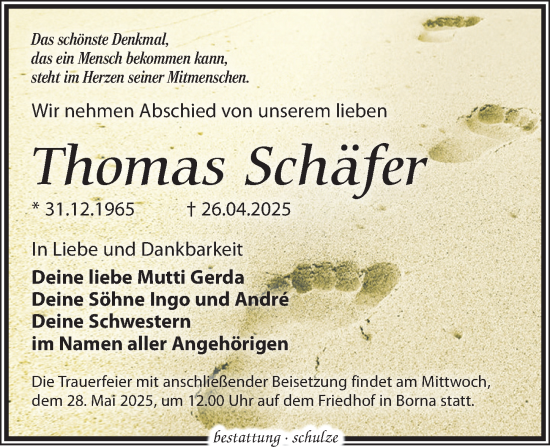 Traueranzeige von Thomas Schäfer von Leipziger Volkszeitung
