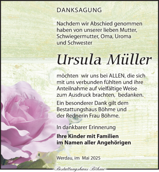Traueranzeige von Ursula Müller von Torgauer Zeitung