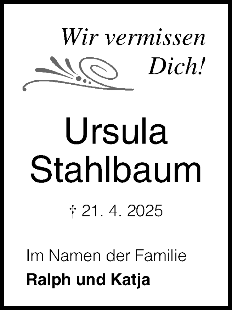  Traueranzeige für Ursula Stahlbaum vom 04.05.2025 aus Lübecker Nachrichten