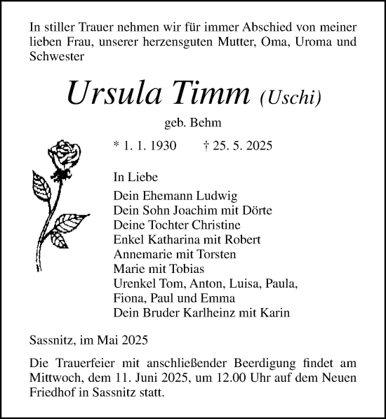 Traueranzeige von Ursula Timm von Ostsee-Zeitung GmbH