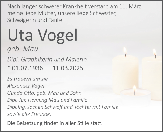 Traueranzeige von Uta Vogel von Leipziger Volkszeitung