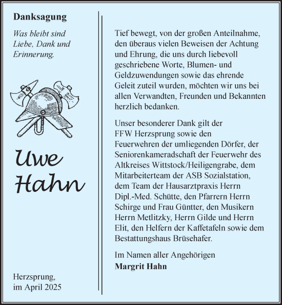 Traueranzeige von Uwe Hahn von Wochenspiegel