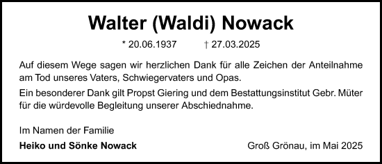 Traueranzeige von Walter Nowack von Lübecker Nachrichten