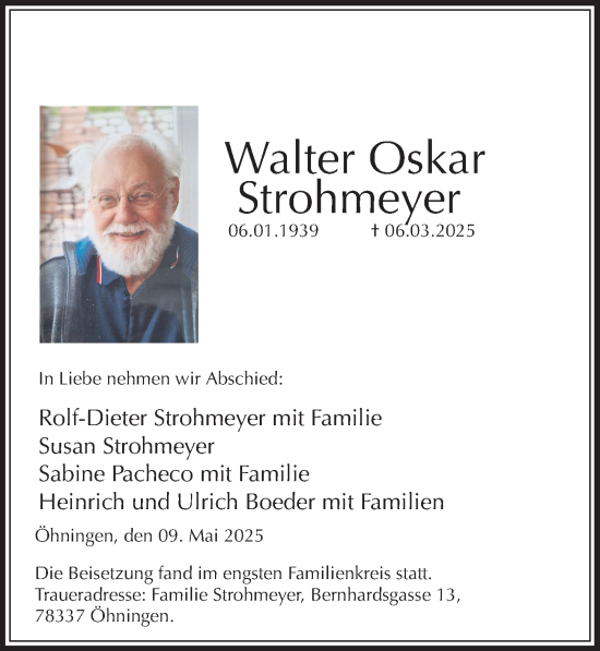 Traueranzeige von Walter Oskar Strohmeyer von Göttinger Tageblatt