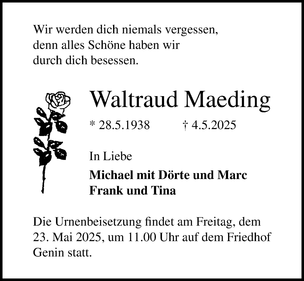  Traueranzeige für Waltraud Maeding vom 18.05.2025 aus Lübecker Nachrichten