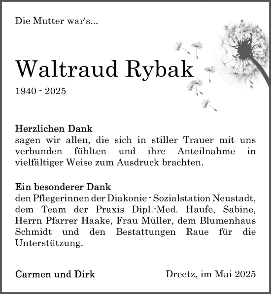Traueranzeige von Waltraud Rybak von Wochenspiegel
