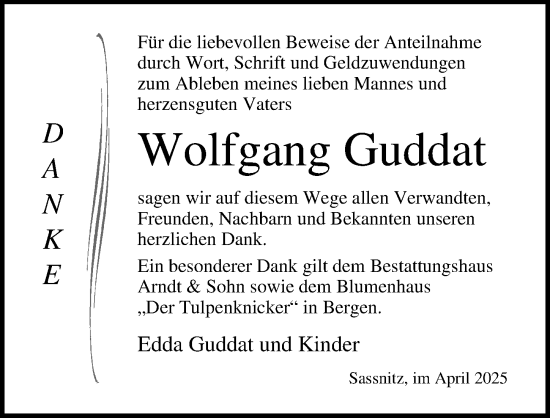 Traueranzeige von Wolfgang Guddat von Ostsee-Zeitung GmbH