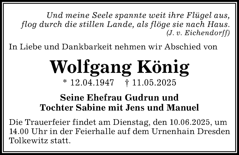  Traueranzeige für Wolfgang König vom 17.05.2025 aus Sächsische Zeitung