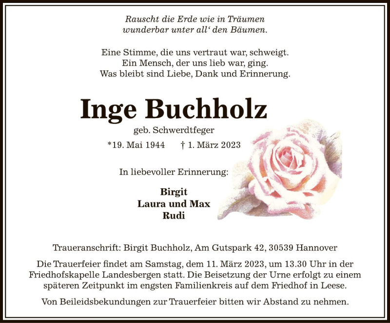  Traueranzeige für Inge Buchholz vom 08.03.2023 aus Die Harke