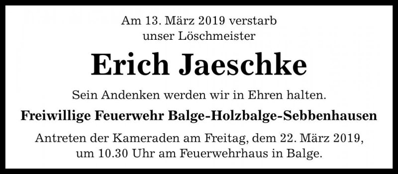  Traueranzeige für Erich Jaeschke vom 19.03.2019 aus Die Harke