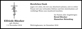 Traueranzeige von Elfriede Häseker von Die Harke
