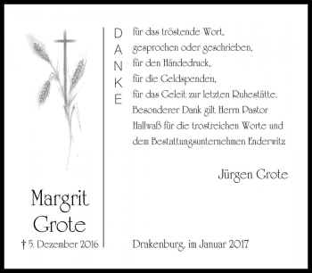 Traueranzeige von Margrit Grote von Die Harke