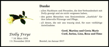Traueranzeige von Dolly Freye von Die Harke