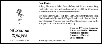 Traueranzeige von Marianne Knappe von Die Harke