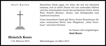 Traueranzeige von Heinrich Koors von Die Harke