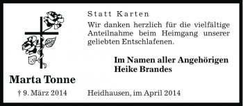 Traueranzeige von Marta Tonne von Die Harke