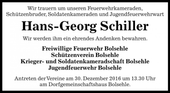 Traueranzeige von Hans-Georg Schiller von Die Harke