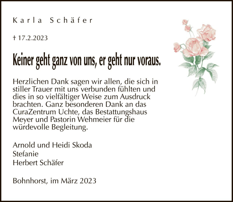  Traueranzeige für Karla Schäfer vom 25.03.2023 aus Die Harke