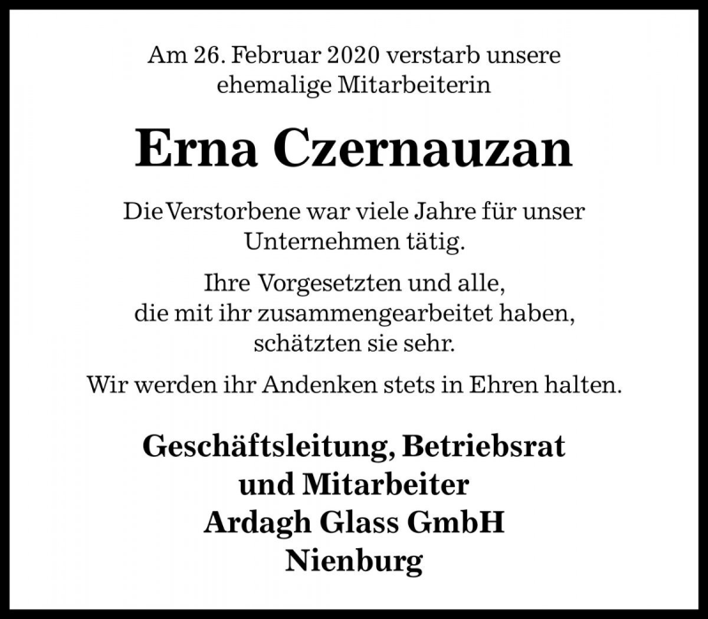  Traueranzeige für Erna Czernauzan vom 06.03.2020 aus Die Harke