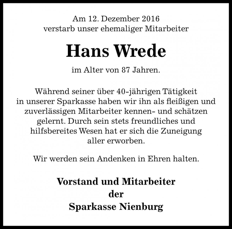  Traueranzeige für Hans Wrede vom 22.12.2016 aus Die Harke