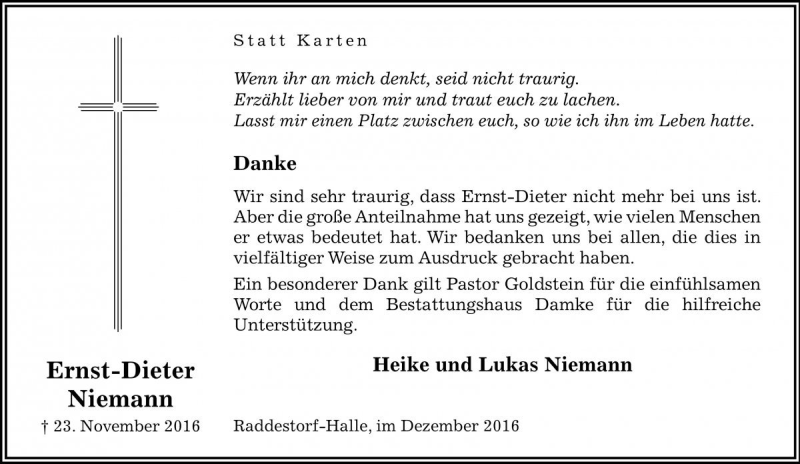  Traueranzeige für Ernst-Dieter Niemann vom 31.12.2016 aus Die Harke