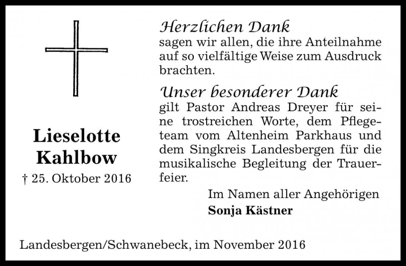  Traueranzeige für Lieselotte Kahlbow vom 26.11.2016 aus Die Harke