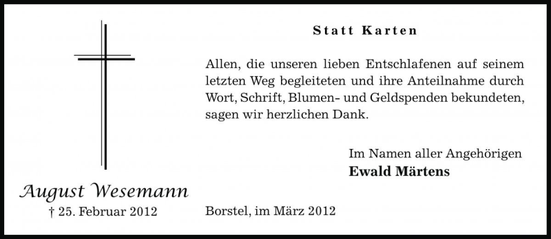  Traueranzeige für August Wesemann vom 31.03.2012 aus Die Harke