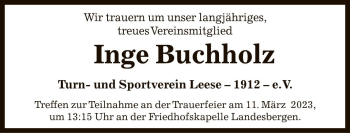 Traueranzeige von Inge Buchholz von Die Harke