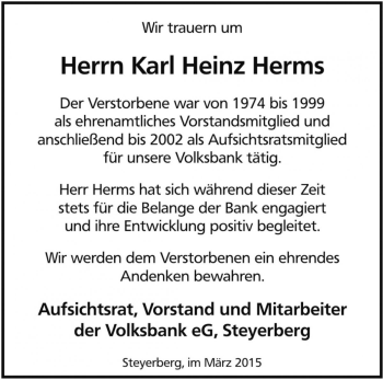 Traueranzeige von Karl Heinz Herms von Die Harke