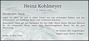 Traueranzeige von Heinz Kohlmeyer von Die Harke