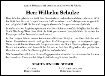 Traueranzeige von Wilhelm Schulze von Die Harke