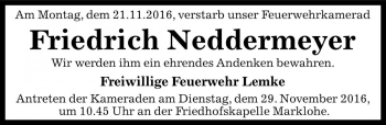 Traueranzeige von Friedrich Neddermeyer von Die Harke